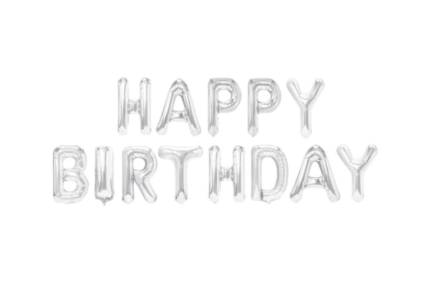 Fóliový nápis „HAPPY BIRTHDAY“ – strieborný, 13 písmen, 40 cm
